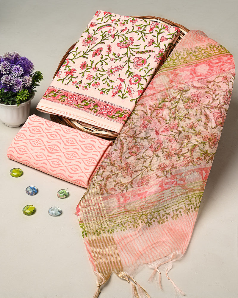Hand Block Printed Cotton Suit With Organza Dupatta BSCOD23