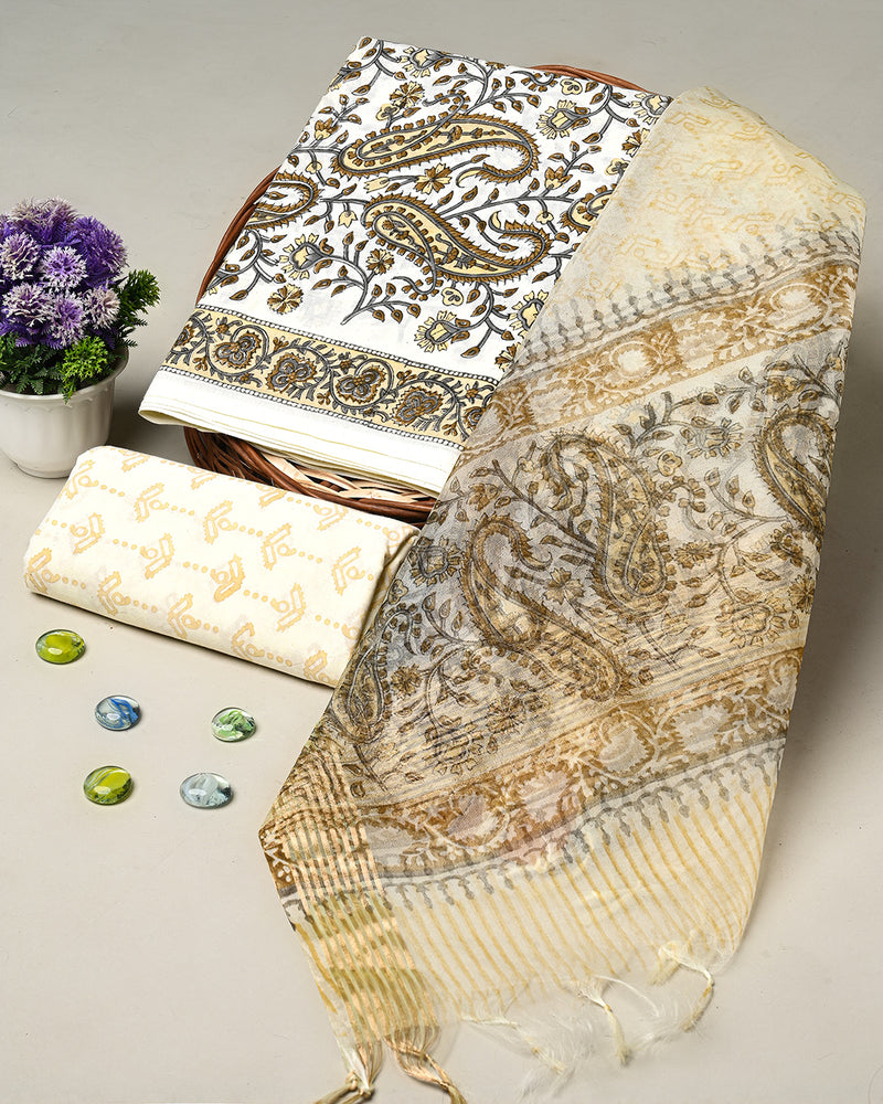 Hand Block Printed Cotton Suit With Organza Dupatta BSCOD26