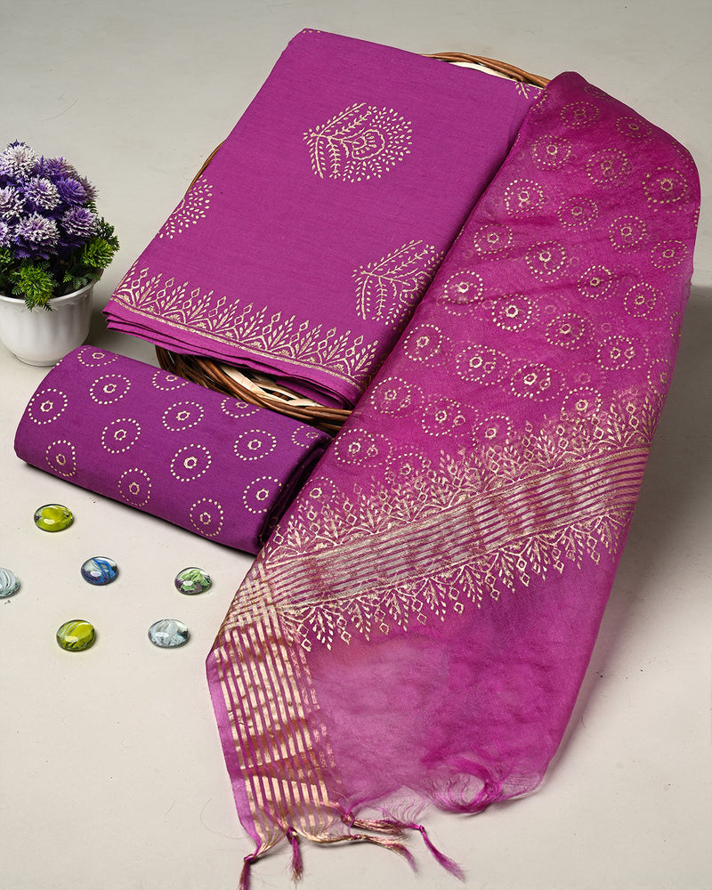 Hand Block Printed Cotton Suit With Organza Dupatta BSCOD39