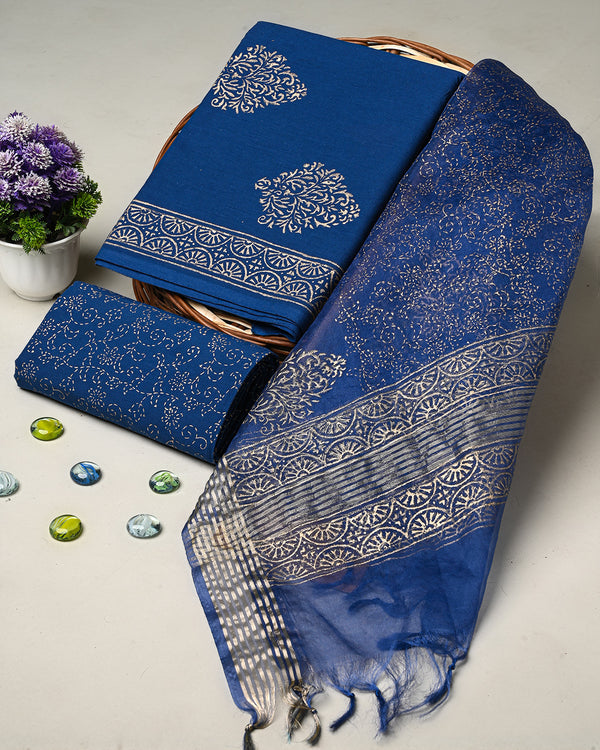 Elegant Blue Hand Block Printed Cotton Suit With Organza Dupatta BSCOD32