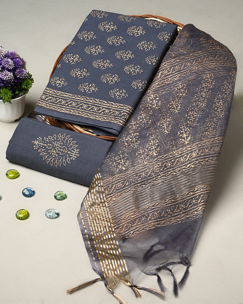 Hand Block Printed Cotton Suit With Organza Dupatta BSCOD38