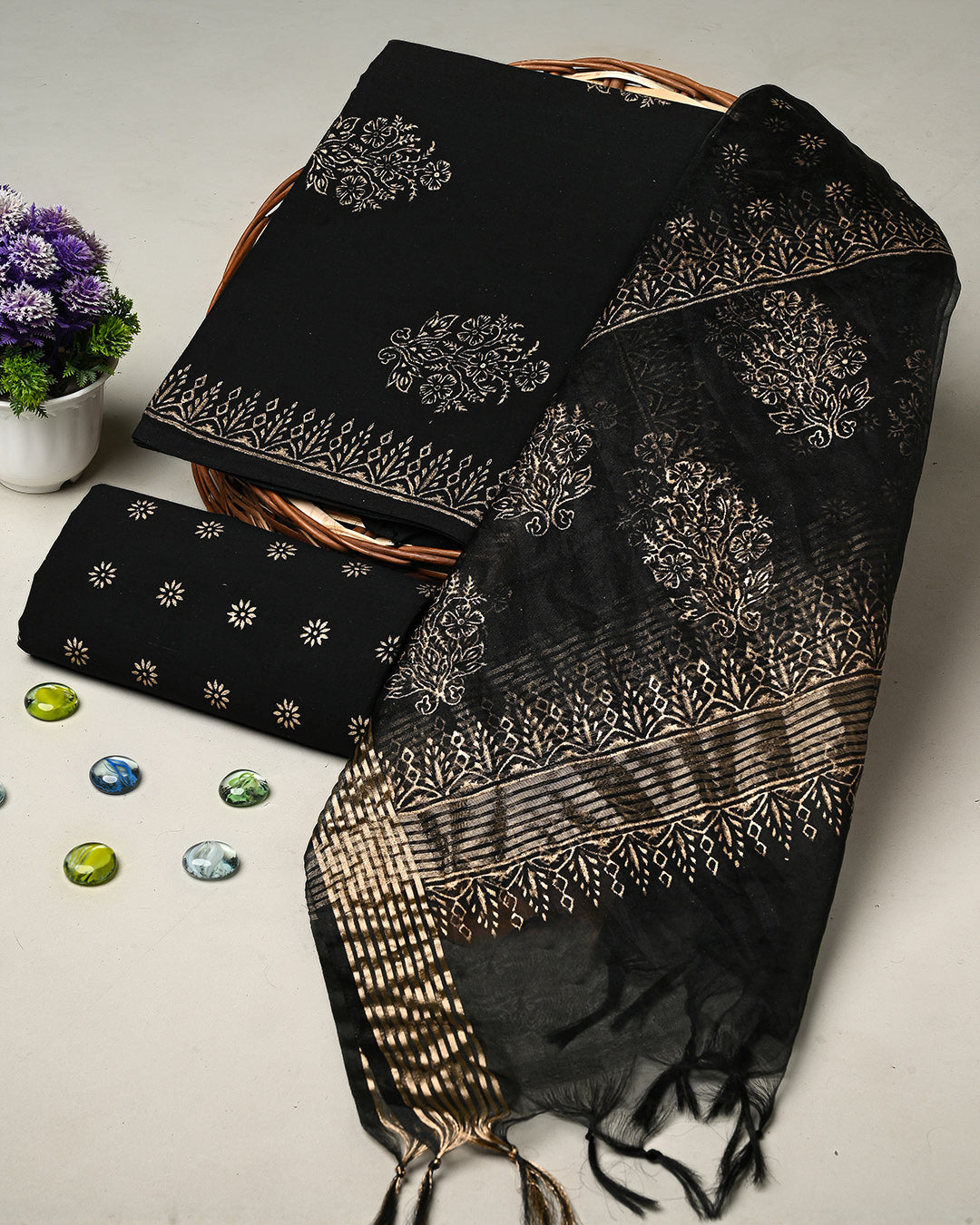 New Black  with Golden Strips Hand Block Printed Cotton Suit With Organza Dupatta BSCOD35