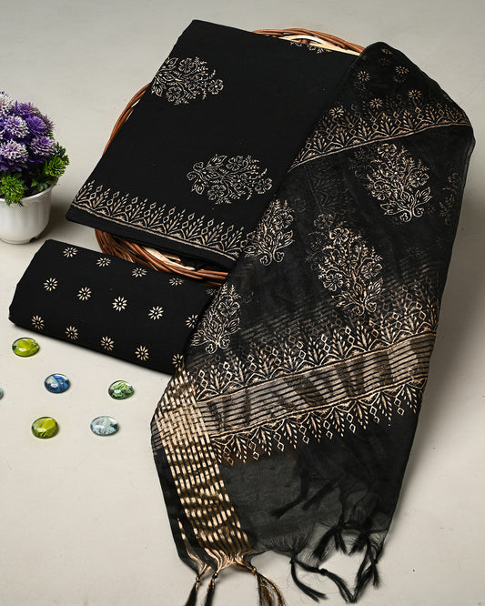 New Black  with Golden Strips Hand Block Printed Cotton Suit With Organza Dupatta BSCOD35