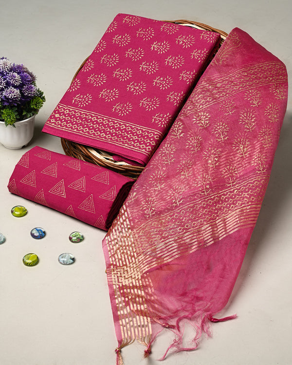 New Pink Hand Block Printed Cotton Suit With Organza Dupatta BSCOD36
