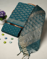 Hand Block Printed Cotton Suit With Organza Dupatta BSCOD30