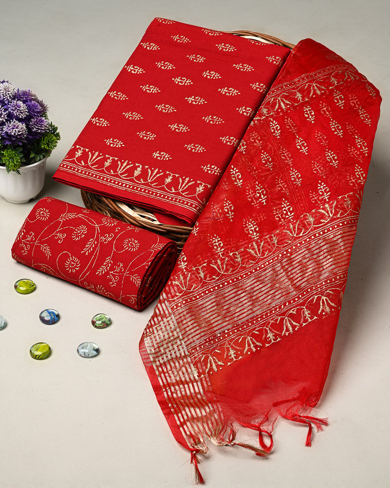 Hand Block Printed Cotton Suit With Organza Dupatta BSCOD37
