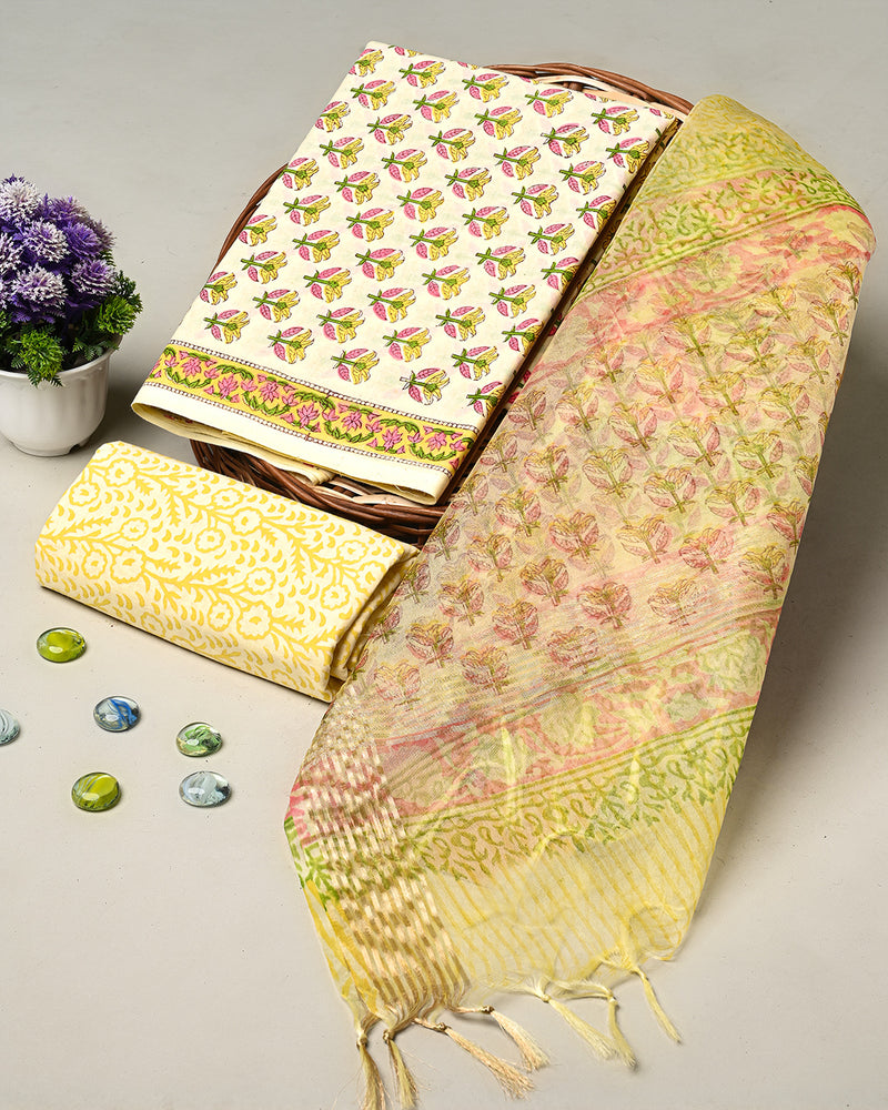 Hand Block Printed Cotton Suit With Organza Dupatta BSCOD21