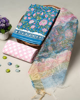 Hand Block Printed Cotton Suit With Organza Dupatta BSCOD11