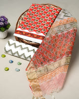 Hand Block Printed Cotton Suit With Organza Dupatta BSCOD18
