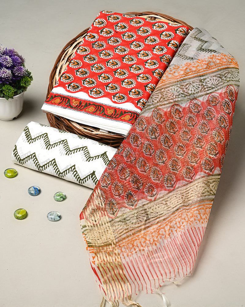 Hand Block Printed Cotton Suit With Organza Dupatta BSCOD18