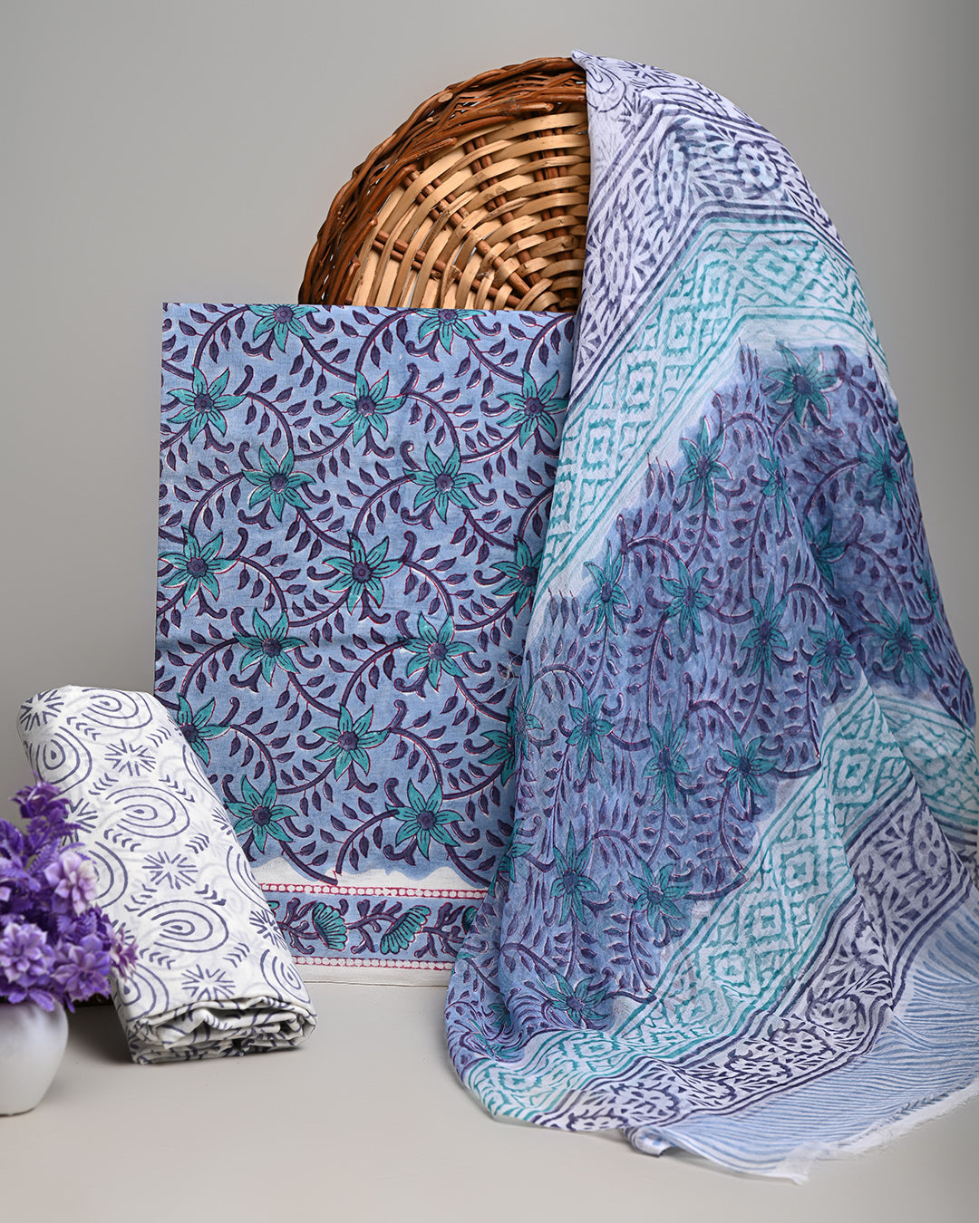 Blue - Sanganeri Hand Block Print Cotton 3pc Unstitched Dress Material Suit Set 27