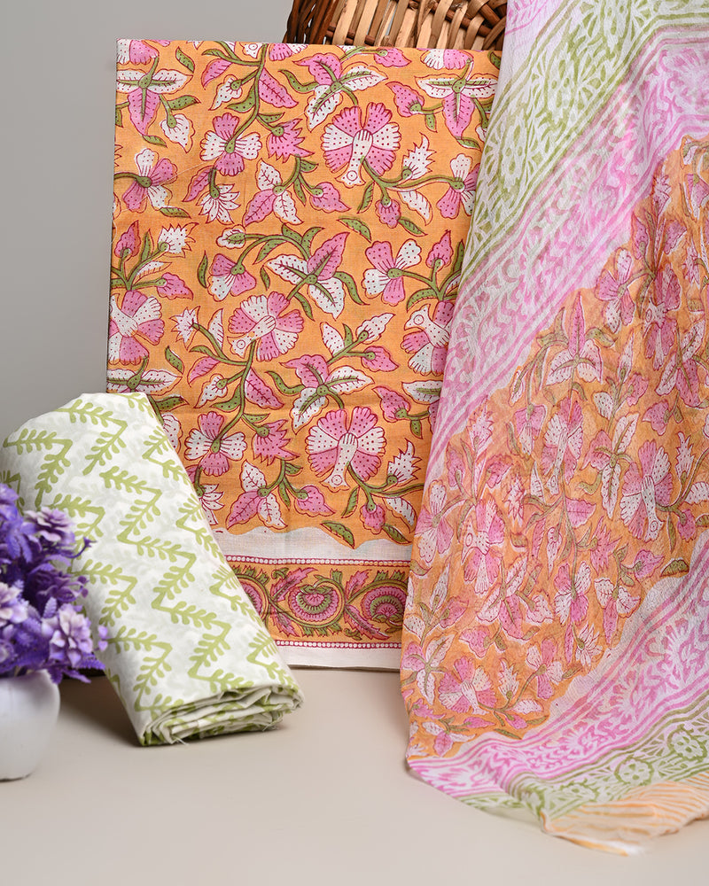 Premium Hand Block Sanganeri Print Cotton Suit With Chiffon Dupatta (BSCOTCH18)