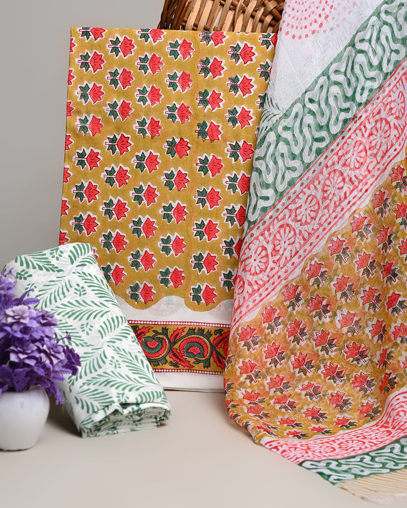 Premium Hand Block Sanganeri Print Cotton Suit With Chiffon Dupatta (BSCOTCH11)