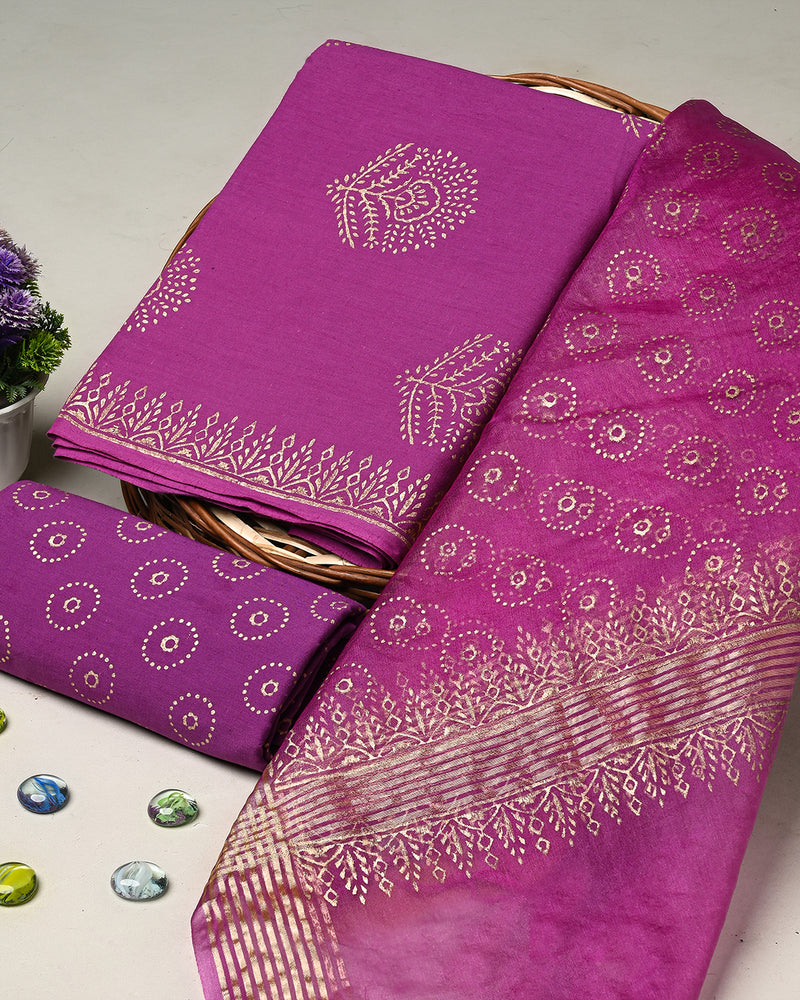 Hand Block Printed Cotton Suit With Organza Dupatta BSCOD39