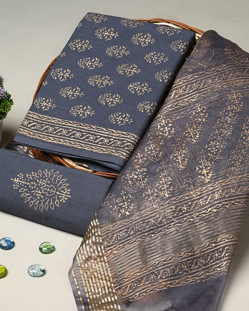 Hand Block Printed Cotton Suit With Organza Dupatta BSCOD38