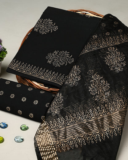 New Black  with Golden Strips Hand Block Printed Cotton Suit With Organza Dupatta BSCOD35