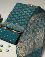 Hand Block Printed Cotton Suit With Organza Dupatta BSCOD30