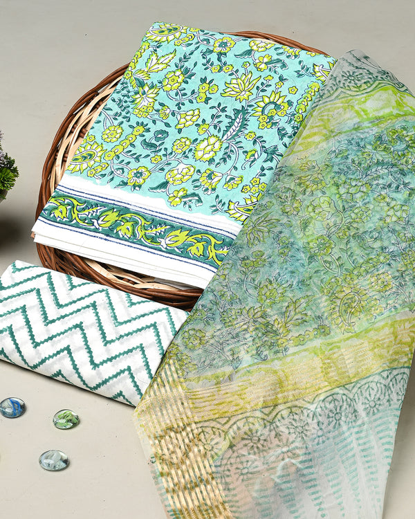 ORCHID BLOOM Women's Cotton Printed Kurta Suit Set With Palazo & Dupatta | Flared Ethnic Wear