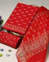 Hand Block Printed Cotton Suit With Organza Dupatta BSCOD37