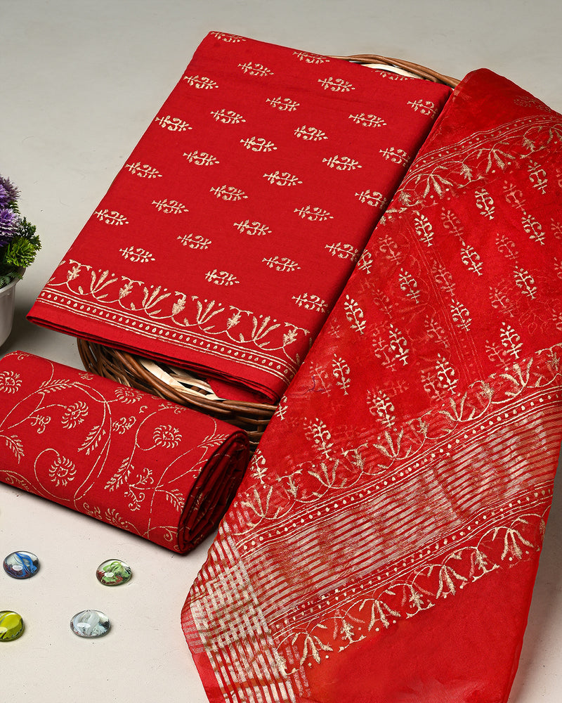 Hand Block Printed Cotton Suit With Organza Dupatta BSCOD37