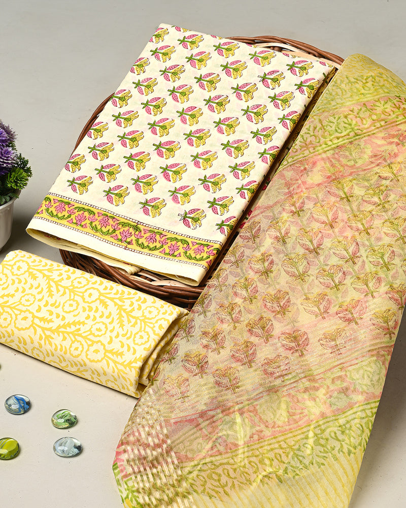 Hand Block Printed Cotton Suit With Organza Dupatta BSCOD21
