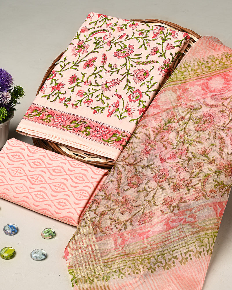 Hand Block Printed Cotton Suit With Organza Dupatta BSCOD23