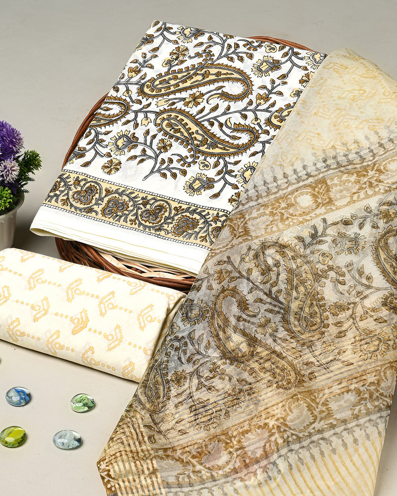 Hand Block Printed Cotton Suit With Organza Dupatta BSCOD26