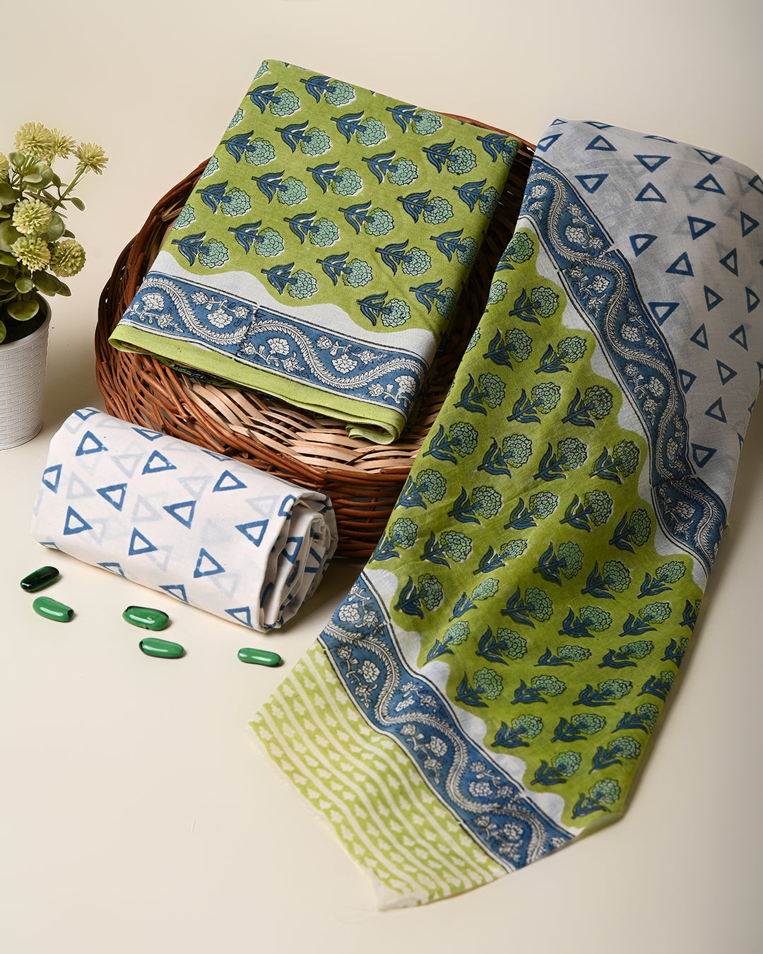 Elegant Green Sanganeri Hand Block Print Cotton Suit Sets With Cotton Dupatta CFCOTMU37