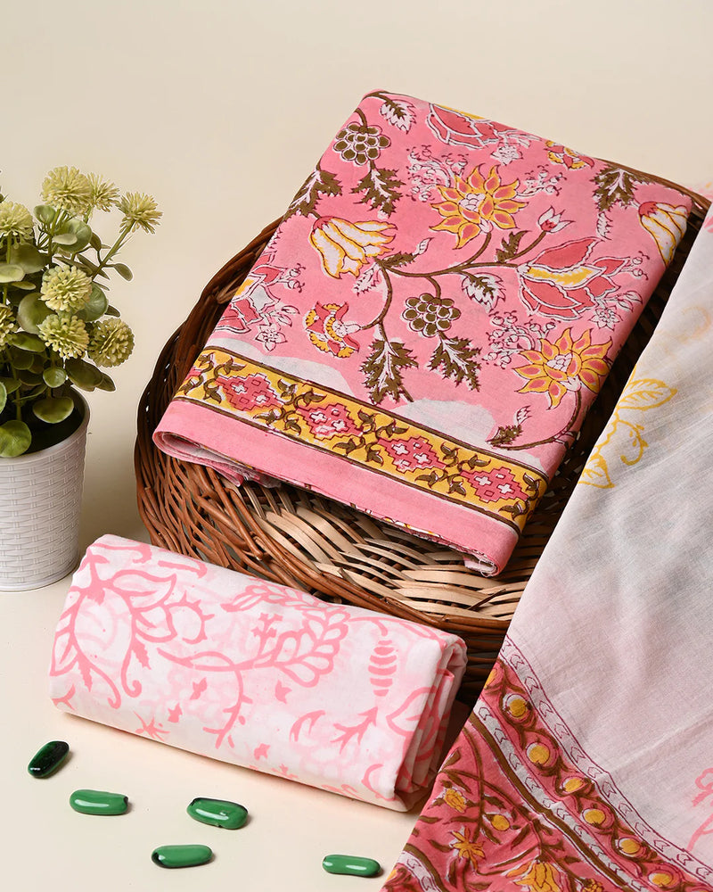 Hand Block Printed Cotton Suit With Cotton Dupatta(BSCOTMU56)