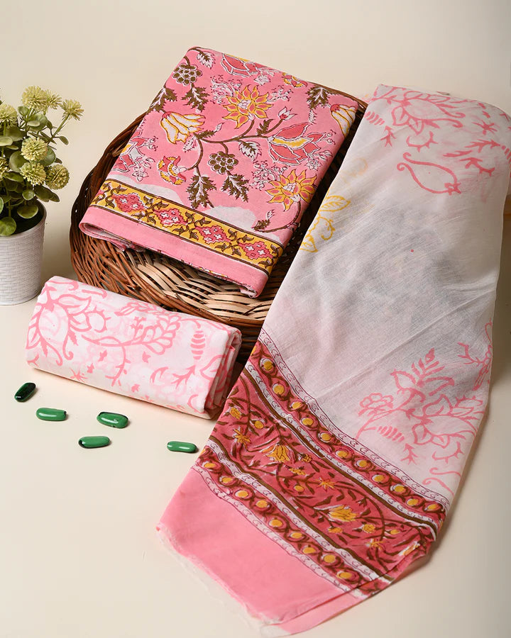 Hand Block Printed Cotton Suit With Cotton Dupatta(BSCOTMU56)