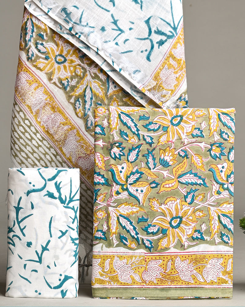 Hand Block Printed Cotton Suit With Linen Dupatta BSLID32