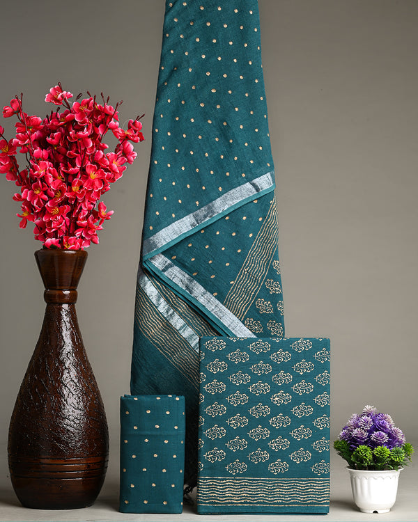 Hand Block Printed Cotton Suit With Linen Dupatta BSLID34