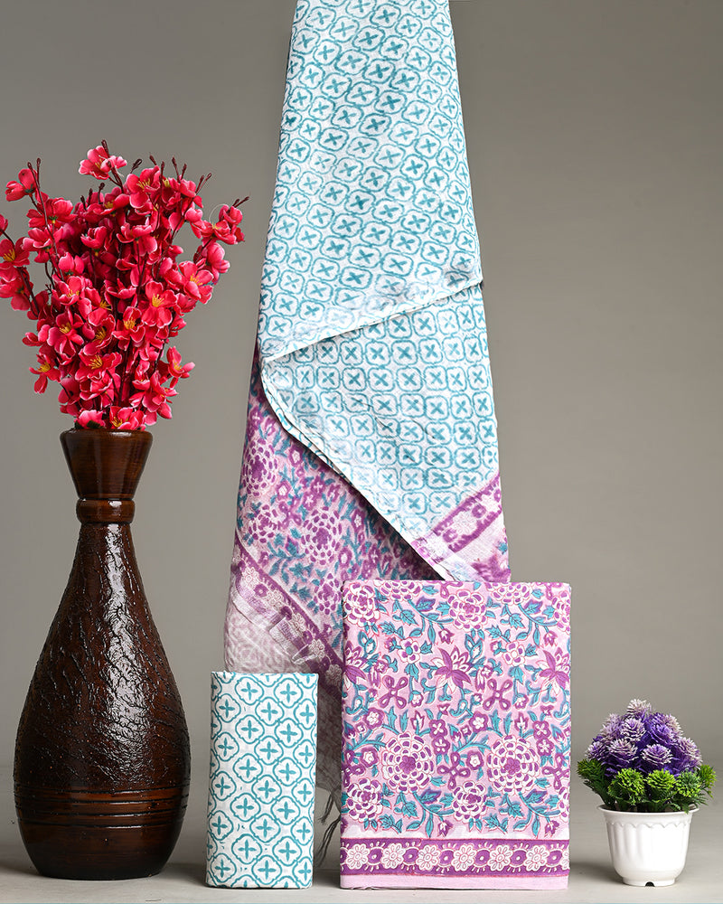 Hand Block Printed Cotton Suit With Linen Dupatta BSLID25