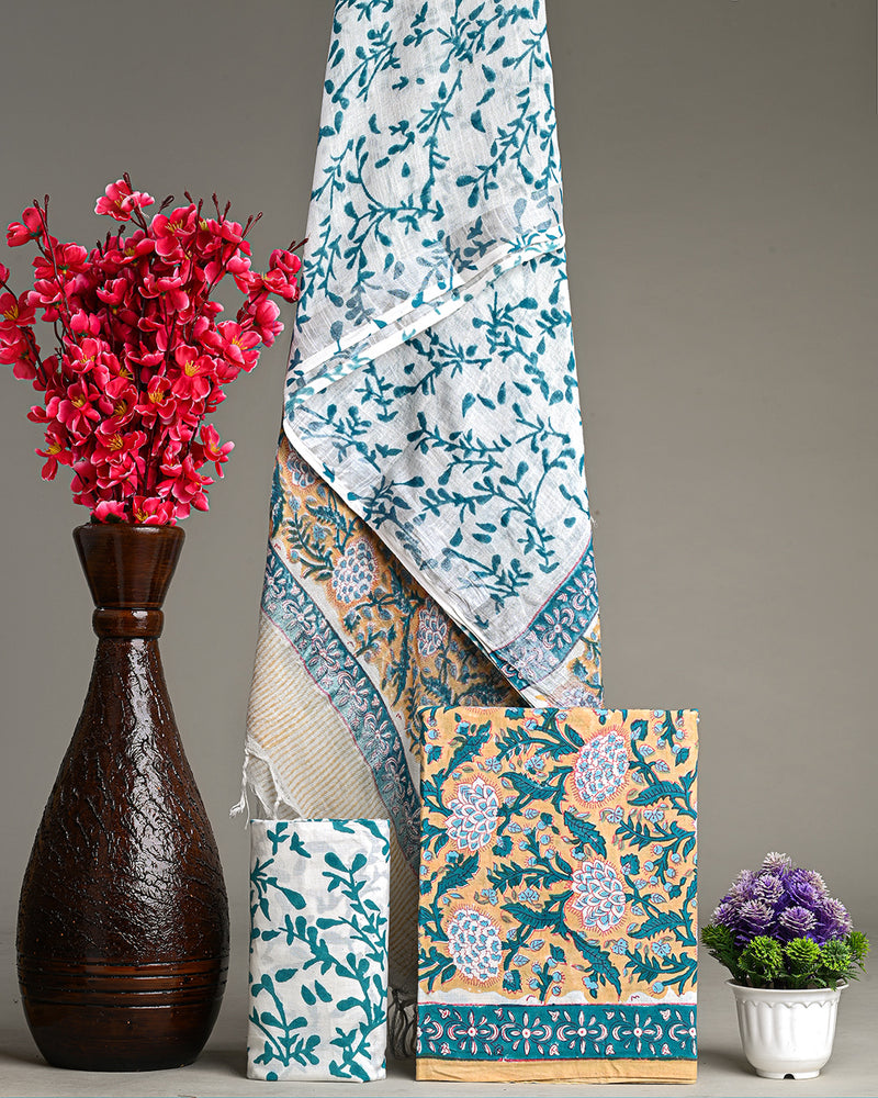 Hand Block Printed Cotton Suit With Linen Dupatta BSLID24