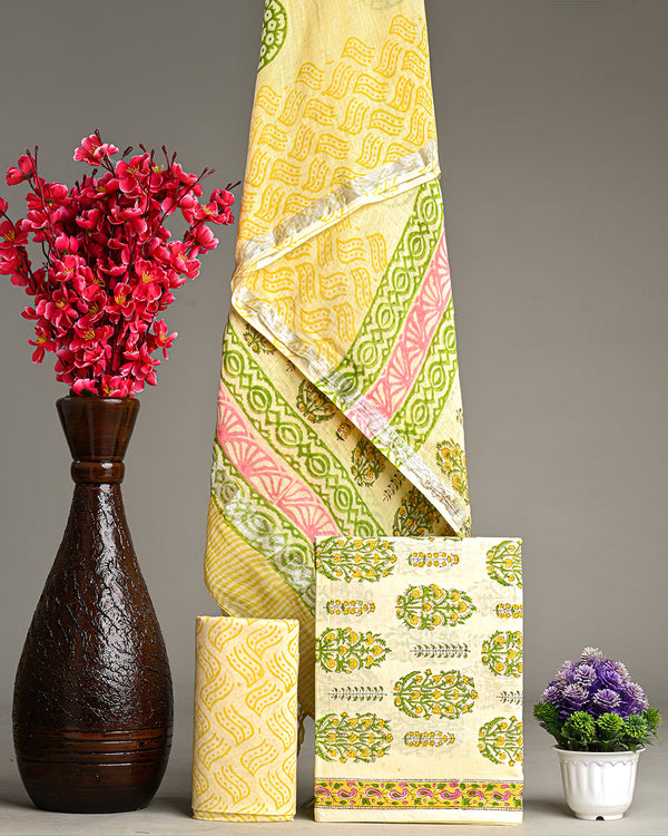 Hand Block Printed Cotton Suit With Linen Dupatta BSLID23