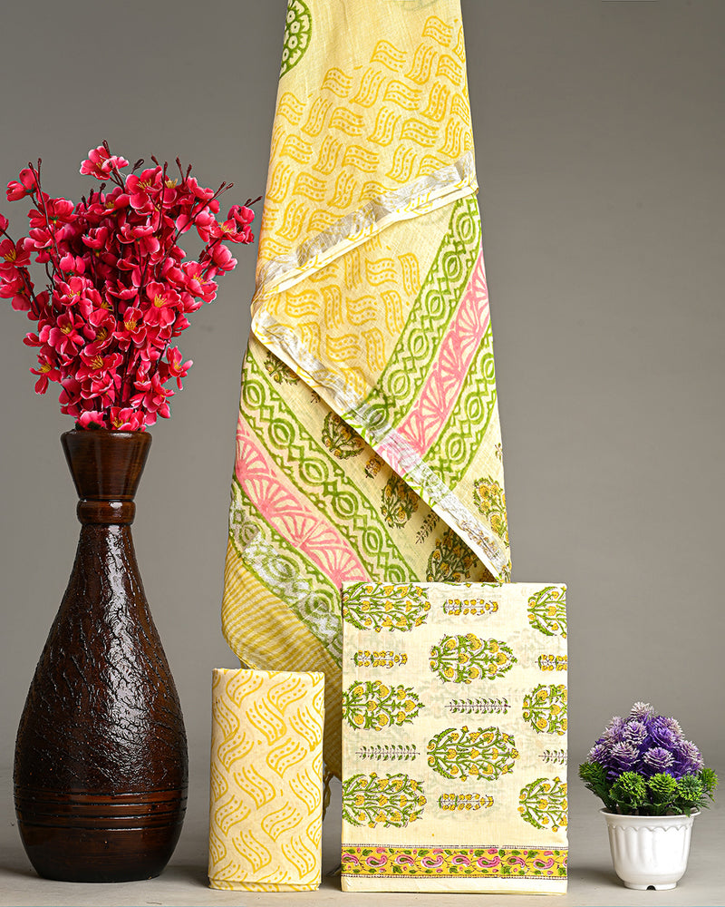 Hand Block Printed Cotton Suit With Linen Dupatta BSLID23