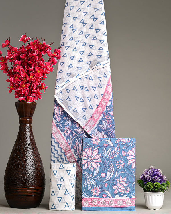 Blue Floral Hand Block Printed Cotton Suit With Linen Dupatta BSLID26