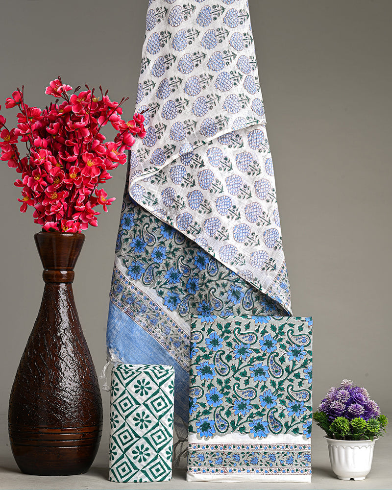 Hand Block Printed Cotton Suit With Linen Dupatta BSLID37