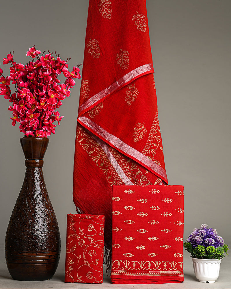 Hand Block Printed Cotton Suit With Linen Dupatta BSLID04