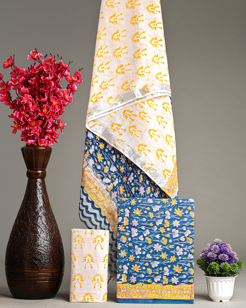 Hand Block Printed Cotton Suit With Linen Dupatta BSLID35