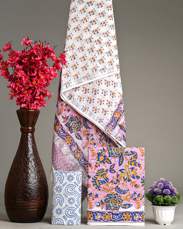 Hand Block Printed Cotton Suit With Linen Dupatta BSLID38