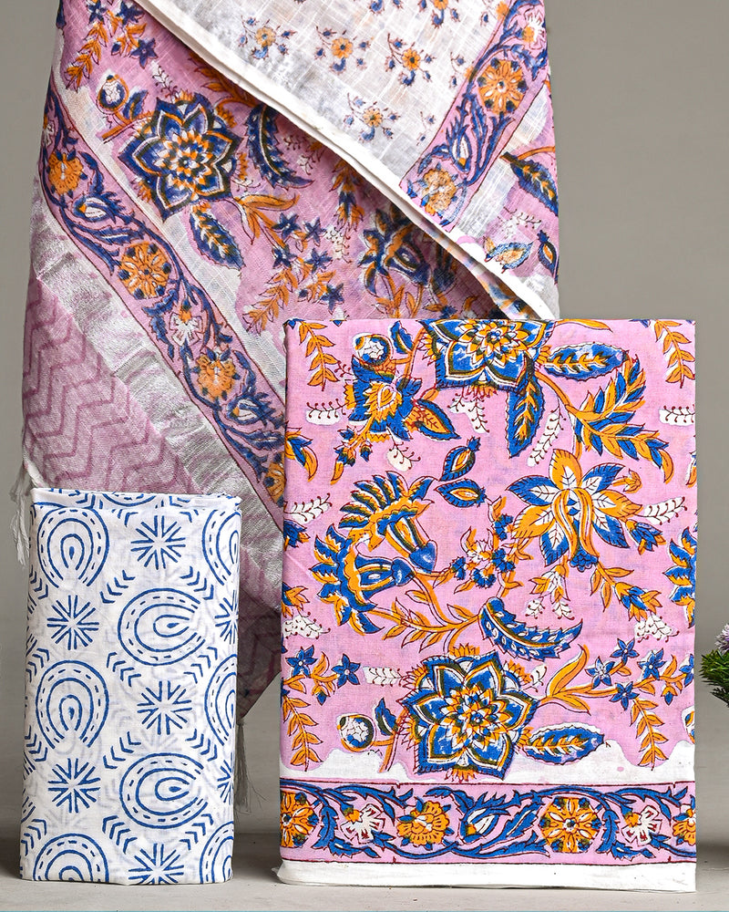 Hand Block Printed Cotton Suit With Linen Dupatta BSLID38