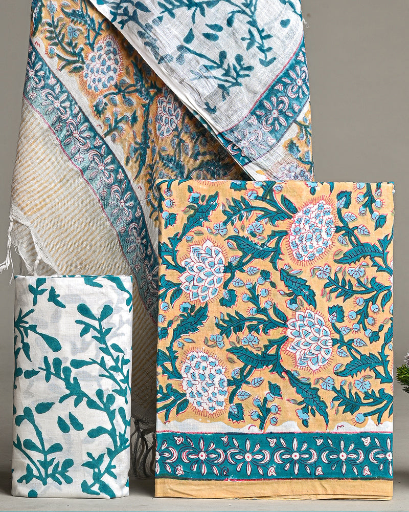 Hand Block Printed Cotton Suit With Linen Dupatta BSLID24