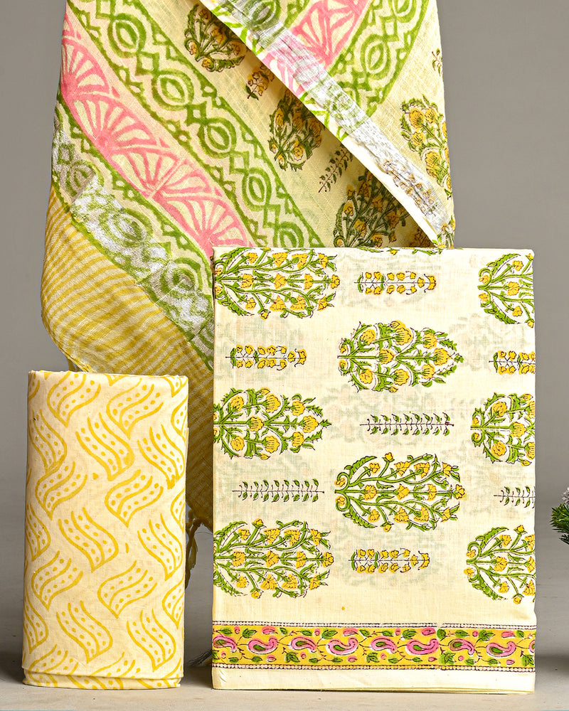 Hand Block Printed Cotton Suit With Linen Dupatta BSLID23
