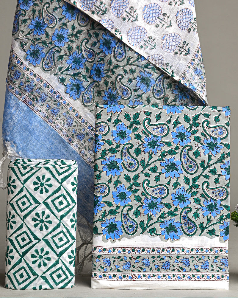 Blue and White Hand Block Printed Cotton Suit With Linen Dupatta BSLID37