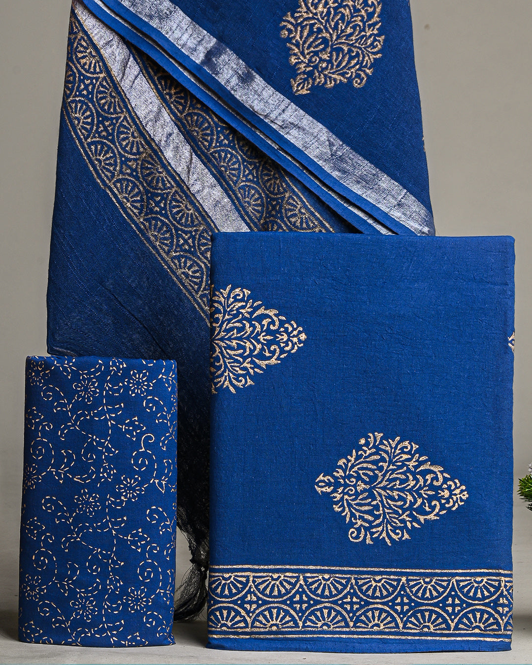 Fresh Blue with Golden Work Hand Block Printed Cotton Suit With Linen Dupatta BSLID11