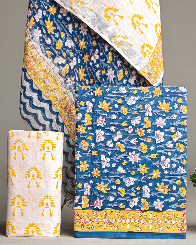 Hand Block Printed Cotton Suit With Linen Dupatta BSLID35