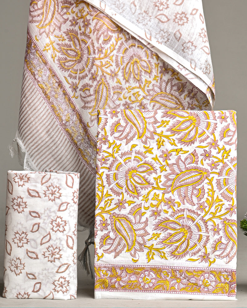 Yellow and White Hand Block Printed Cotton Suit With Linen Dupatta BSLID06