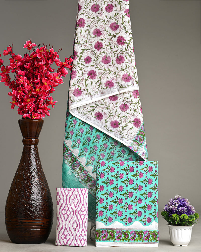 Hand Block Printed Cotton Suit With Linen Dupatta BSLID39