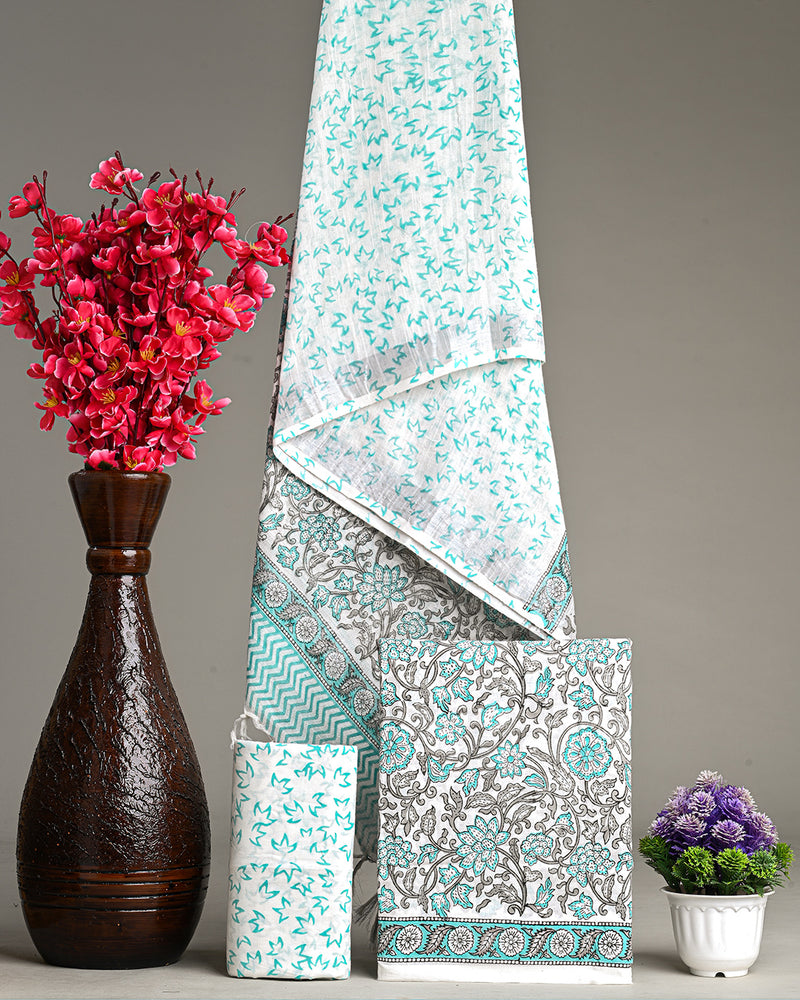 Hand Block Printed Cotton Suit With Linen Dupatta BSLID08